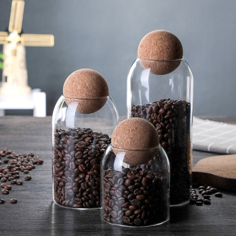 3 Pack Glass Storage Jar with Ball Cork Lid, Clear Glass Canisters with Cork Ball, Cute Decorative Round Glass Bottles with Airtight Wooden Lid for Spice, Sugar, Salt, Tea, Nuts, Coffee Beans - EnjoyCool