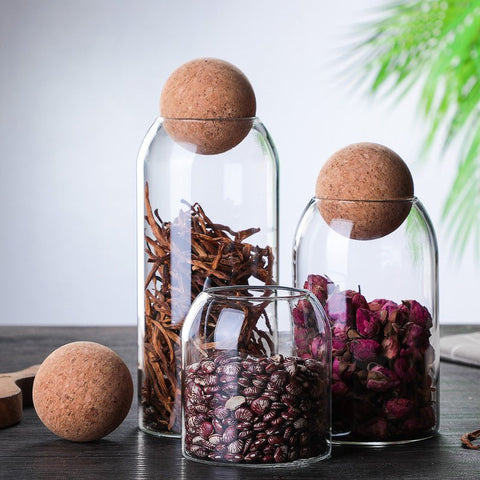 3 Pack Glass Storage Jar with Ball Cork Lid, Clear Glass Canisters with Cork Ball, Cute Decorative Round Glass Bottles with Airtight Wooden Lid for Spice, Sugar, Salt, Tea, Nuts, Coffee Beans - EnjoyCool