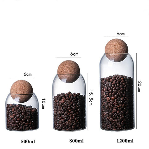 3 Pack Glass Storage Jar with Ball Cork Lid, Clear Glass Canisters with Cork Ball, Cute Decorative Round Glass Bottles with Airtight Wooden Lid for Spice, Sugar, Salt, Tea, Nuts, Coffee Beans - EnjoyCool