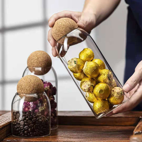 3 Pack Glass Storage Jar with Ball Cork Lid, Clear Glass Canisters with Cork Ball, Cute Decorative Round Glass Bottles with Airtight Wooden Lid for Spice, Sugar, Salt, Tea, Nuts, Coffee Beans - EnjoyCool