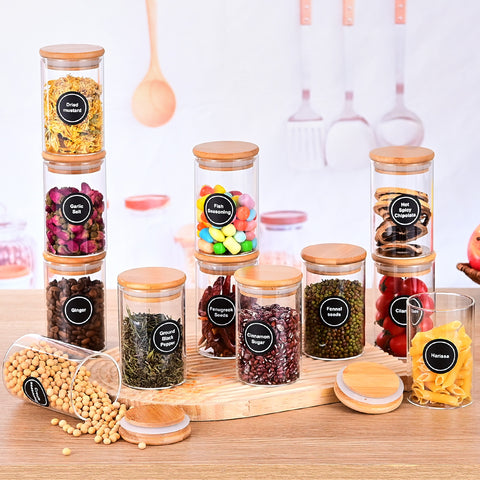 Set of 12 Round 8.5oz Glass Spice Jars with Lids & Labels – Airtight Seasoning Storage Container Set, Clear Glass Canisters for Spices & Seasonings, Perfect for Organizing Spice Racks, Cabinets and Drawers