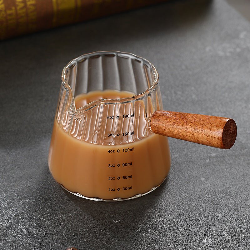 Glass Measuring Cup 6OZ, Espresso Accessories, Expresso Shots Cup, Espresso Shot Glass with V-Shaped Mouth, Ribbed Milk Frothing Pitcher, coffee Espresso Cup(Wooden Handle) - EnjoyCool