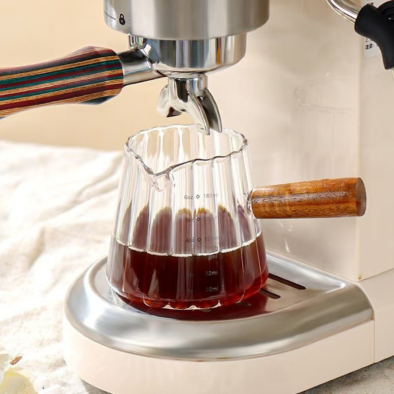 Glass Measuring Cup 6OZ, Espresso Accessories, Expresso Shots Cup, Espresso Shot Glass with V-Shaped Mouth, Ribbed Milk Frothing Pitcher, coffee Espresso Cup(Wooden Handle) - EnjoyCool