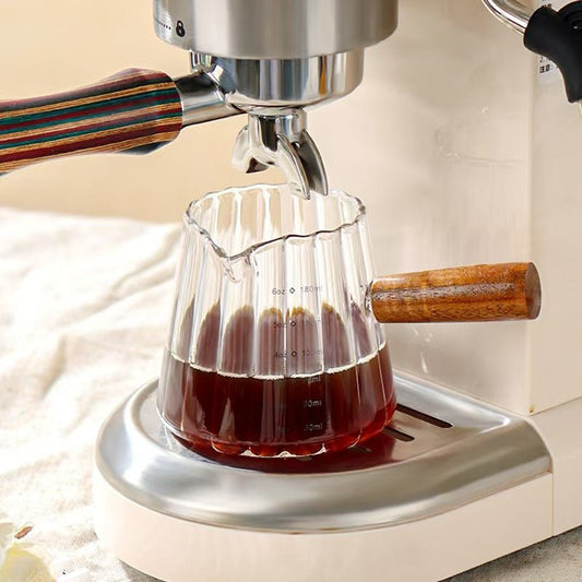 Glass Measuring Cup 6OZ, Espresso Accessories, Expresso Shots Cup, Espresso Shot Glass with V-Shaped Mouth, Ribbed Milk Frothing Pitcher, coffee Espresso Cup(Wooden Handle) - EnjoyCool