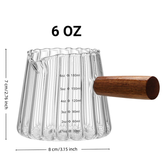 Glass Measuring Cup 6OZ, Espresso Accessories, Expresso Shots Cup, Espresso Shot Glass with V-Shaped Mouth, Ribbed Milk Frothing Pitcher, coffee Espresso Cup(Wooden Handle) - EnjoyCool