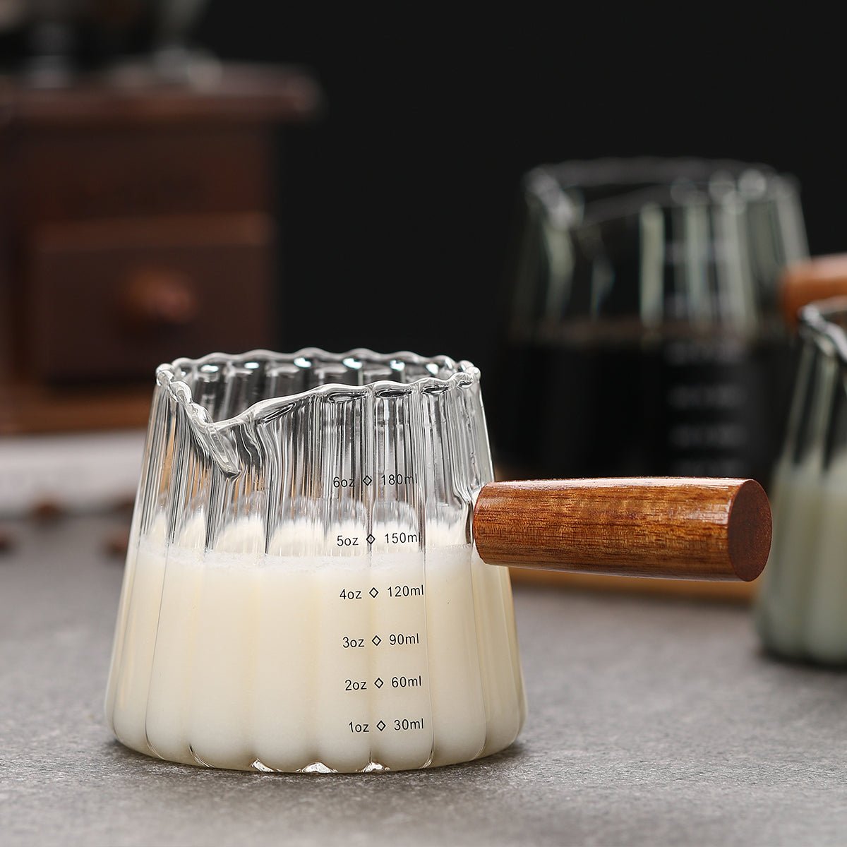 Glass Measuring Cup 6OZ, Espresso Accessories, Expresso Shots Cup, Espresso Shot Glass with V-Shaped Mouth, Ribbed Milk Frothing Pitcher, coffee Espresso Cup(Wooden Handle) - EnjoyCool
