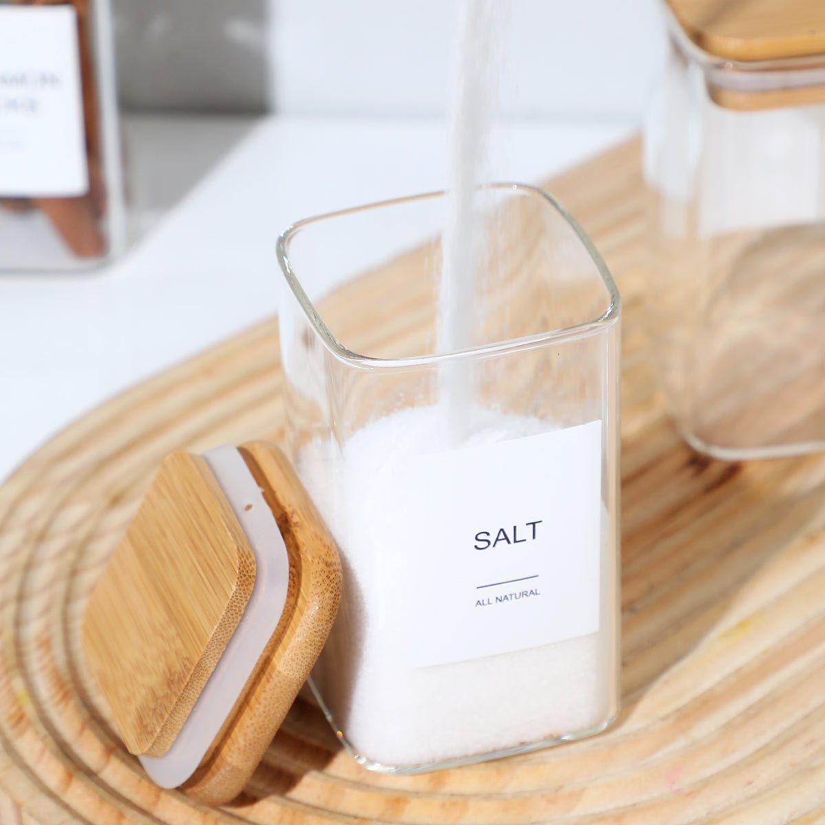 Glass Spice Jars with Bamboo Airtight Lids & Labels - 8oz Square Small Empty Food Storage Containers for Kitchen, Seasonings, Herbs, Salt - EnjoyCool