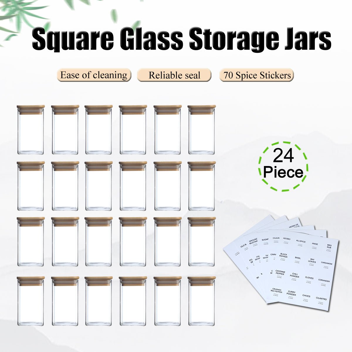 Glass Spice Jars with Bamboo Airtight Lids & Labels - 8oz Square Small Empty Food Storage Containers for Kitchen, Seasonings, Herbs, Salt - EnjoyCool