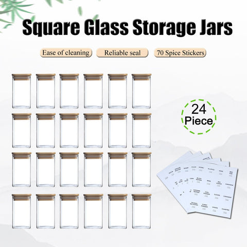 Glass Spice Jars with Bamboo Airtight Lids & Labels - 8oz Square Small Empty Food Storage Containers for Kitchen, Seasonings, Herbs, Salt - EnjoyCool