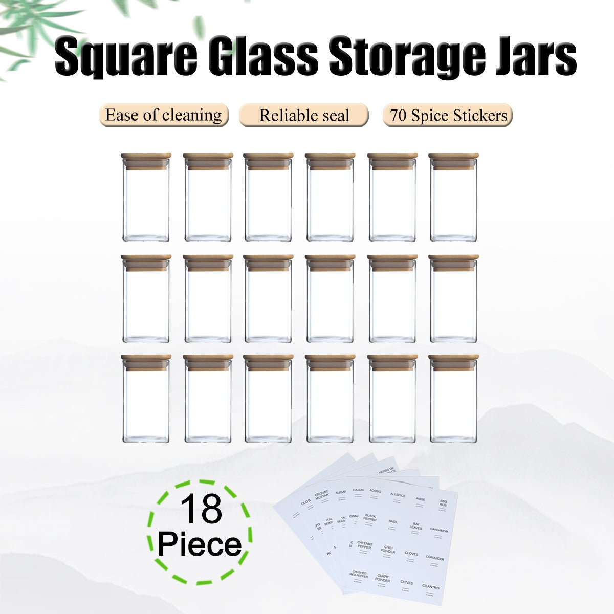 Glass Spice Jars with Bamboo Airtight Lids & Labels - 8oz Square Small Empty Food Storage Containers for Kitchen, Seasonings, Herbs, Salt - EnjoyCool