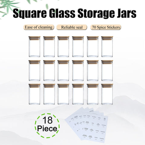 Glass Spice Jars with Bamboo Airtight Lids & Labels - 8oz Square Small Empty Food Storage Containers for Kitchen, Seasonings, Herbs, Salt - EnjoyCool