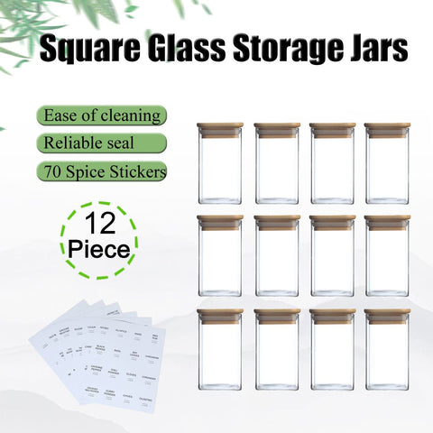 Glass Spice Jars with Bamboo Airtight Lids & Labels - 8oz Square Small Empty Food Storage Containers for Kitchen, Seasonings, Herbs, Salt - EnjoyCool