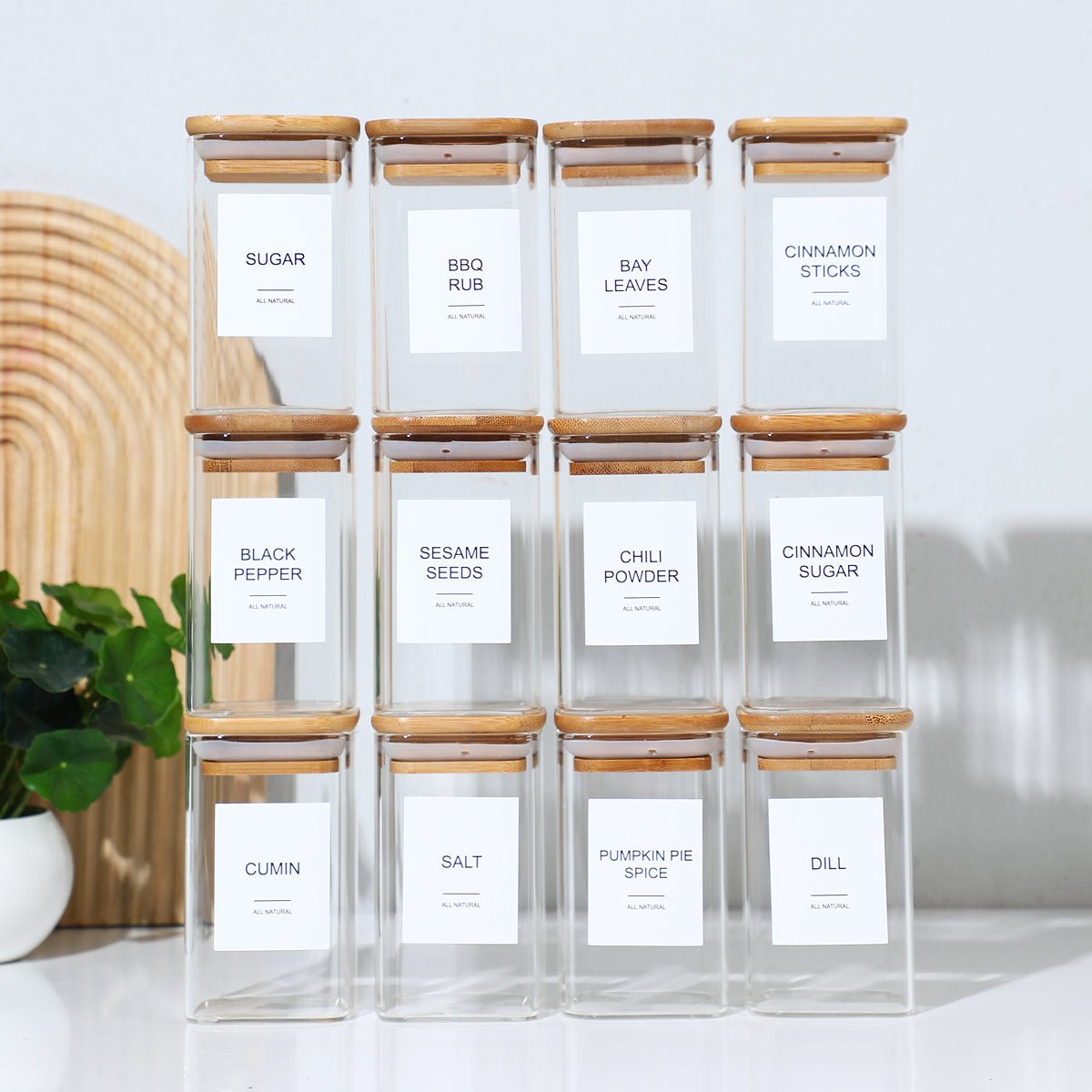 Glass Spice Jars with Bamboo Airtight Lids & Labels - 8oz Square Small Empty Food Storage Containers for Kitchen, Seasonings, Herbs, Salt - EnjoyCool