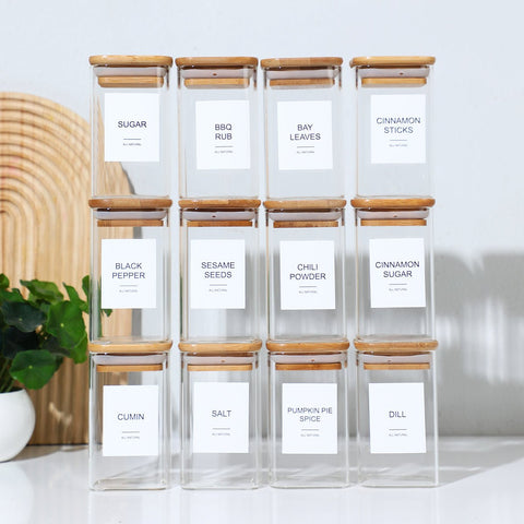 Glass Spice Jars with Bamboo Airtight Lids & Labels - 8oz Square Small Empty Food Storage Containers for Kitchen, Seasonings, Herbs, Salt - EnjoyCool