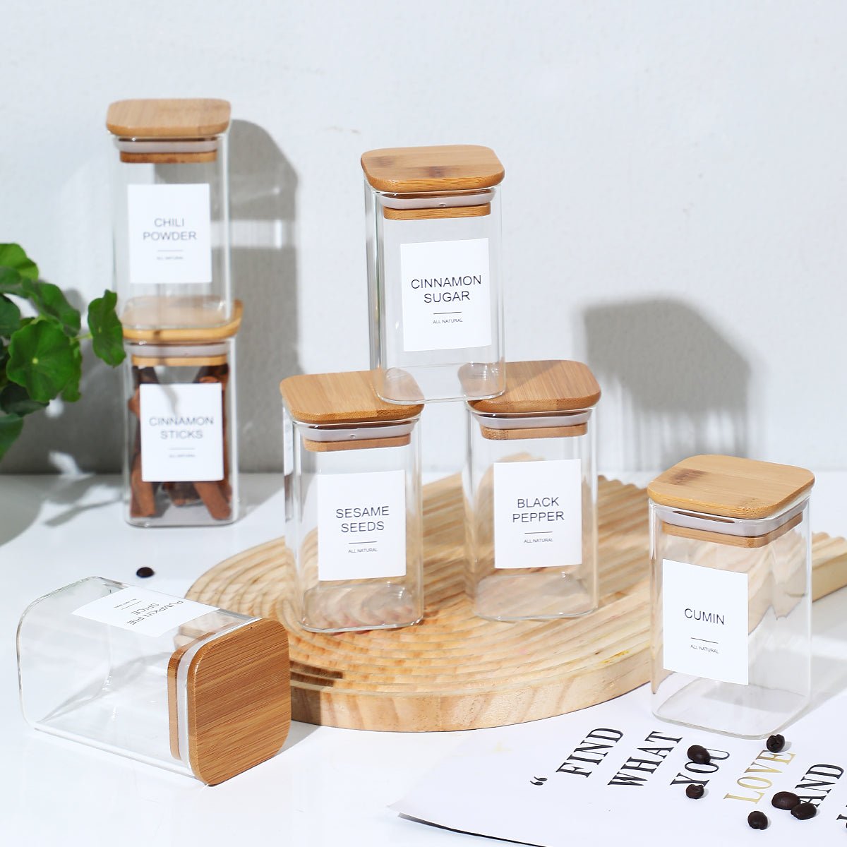 Glass Spice Jars with Bamboo Airtight Lids & Labels - 8oz Square Small Empty Food Storage Containers for Kitchen, Seasonings, Herbs, Salt - EnjoyCool