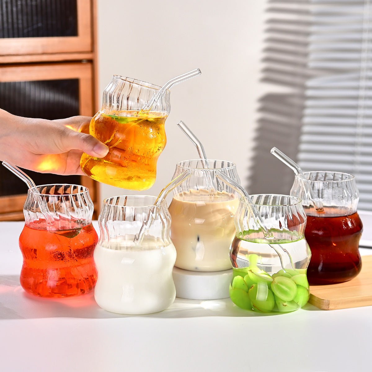 Ribbed Cloud Glass Mugs with Straw, 6 - Pack Vintage Clear Glass Drinking Cups, Fluted Ripple Tumbler Cup for Iced Coffee, Juice, Milk, Cocktail and Daily Beverage - EnjoyCool