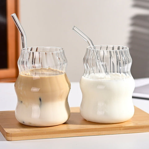 Ribbed Cloud Glass Mugs with Straw, 6 - Pack Vintage Clear Glass Drinking Cups, Fluted Ripple Tumbler Cup for Iced Coffee, Juice, Milk, Cocktail and Daily Beverage - EnjoyCool