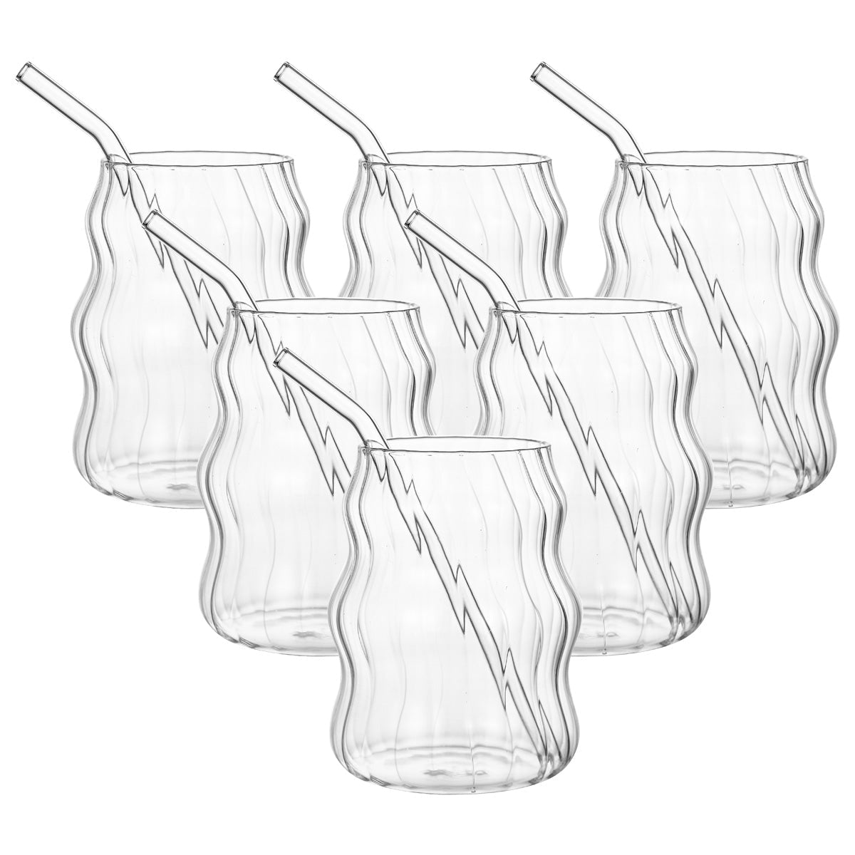Ribbed Cloud Glass Mugs with Straw, 6 - Pack Vintage Clear Glass Drinking Cups, Fluted Ripple Tumbler Cup for Iced Coffee, Juice, Milk, Cocktail and Daily Beverage - EnjoyCool