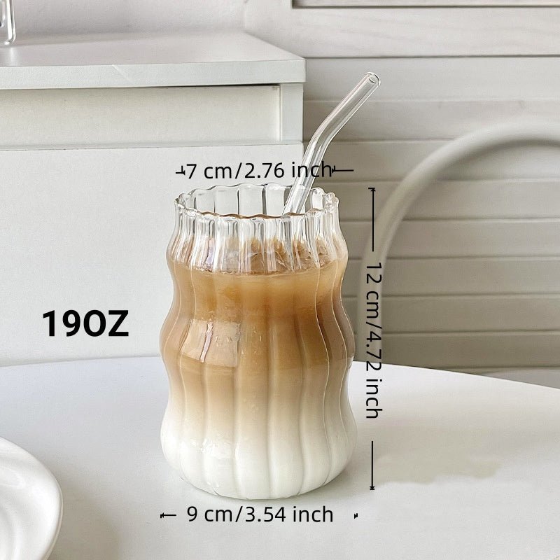Ribbed Cloud Glass Mugs with Straw, 6 - Pack Vintage Clear Glass Drinking Cups, Fluted Ripple Tumbler Cup for Iced Coffee, Juice, Milk, Cocktail and Daily Beverage - EnjoyCool