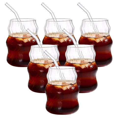 Ribbed Cloud Glass Mugs with Straw, 6 - Pack Vintage Clear Glass Drinking Cups, Fluted Ripple Tumbler Cup for Iced Coffee, Juice, Milk, Cocktail and Daily Beverage - EnjoyCool