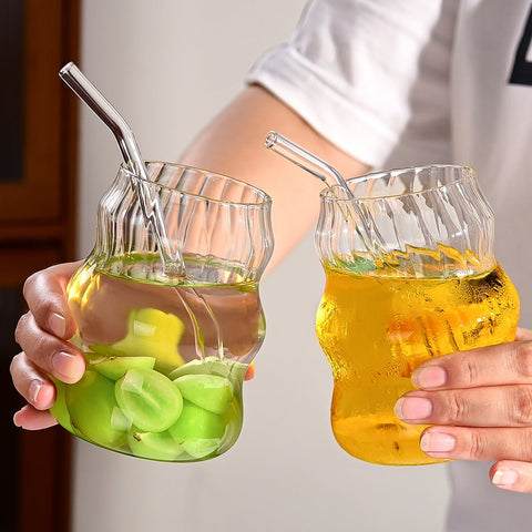 Ribbed Cloud Glass Mugs with Straw, 6 - Pack Vintage Clear Glass Drinking Cups, Fluted Ripple Tumbler Cup for Iced Coffee, Juice, Milk, Cocktail and Daily Beverage - EnjoyCool