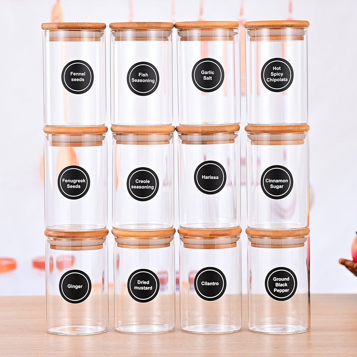 Set of 12 Round 8.5oz Glass Spice Jars with Lids & Labels – Airtight Seasoning Storage Container Set, Clear Glass Canisters for Spices & Seasonings, Perfect for Organizing Spice Racks, Cabinets and Drawers - EnjoyCool