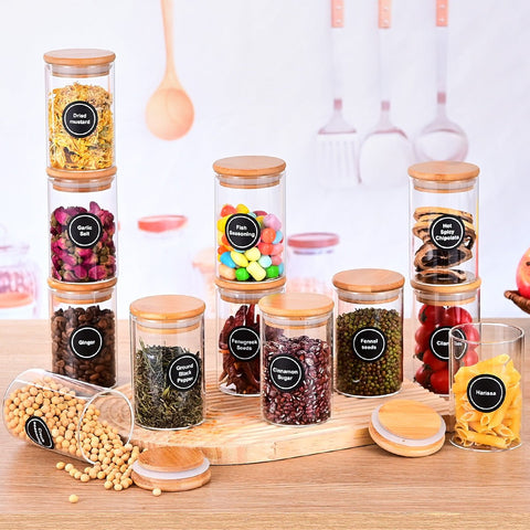 Set of 12 Round 8.5oz Glass Spice Jars with Lids & Labels – Airtight Seasoning Storage Container Set, Clear Glass Canisters for Spices & Seasonings, Perfect for Organizing Spice Racks, Cabinets and Drawers - EnjoyCool
