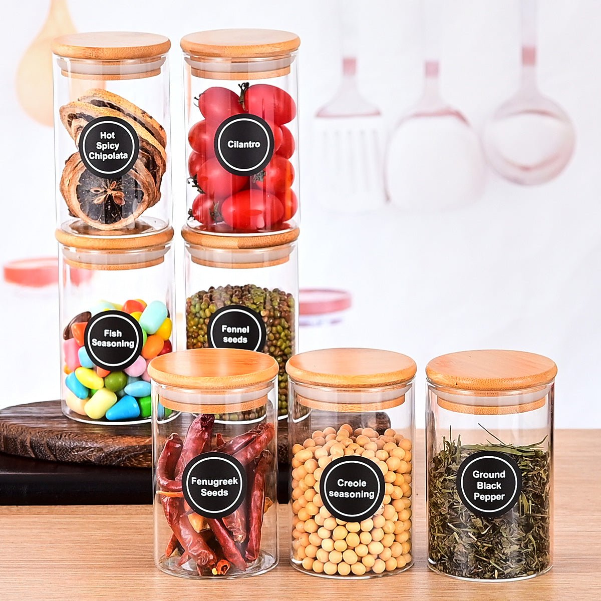 Set of 12 Round 8.5oz Glass Spice Jars with Lids & Labels – Airtight Seasoning Storage Container Set, Clear Glass Canisters for Spices & Seasonings, Perfect for Organizing Spice Racks, Cabinets and Drawers - EnjoyCool