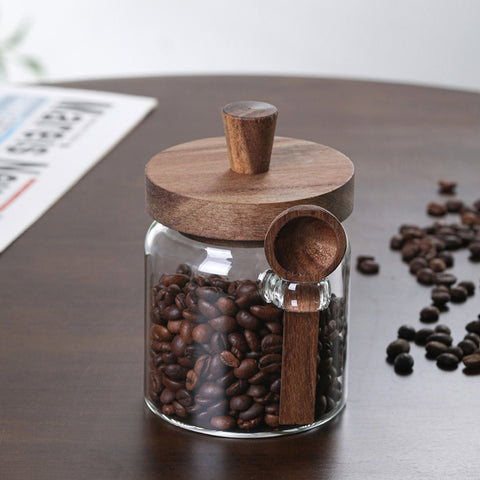 Set of 3 Glass Coffee Canisters with Wooden Lids & Attached Spoons, Clear Airtight Glass Jars in 15oz/18.5oz/25oz Sizes for Coffee Beans, Tea, Sugar, Kitchen Counter Storage & Pantry Organization - EnjoyCool