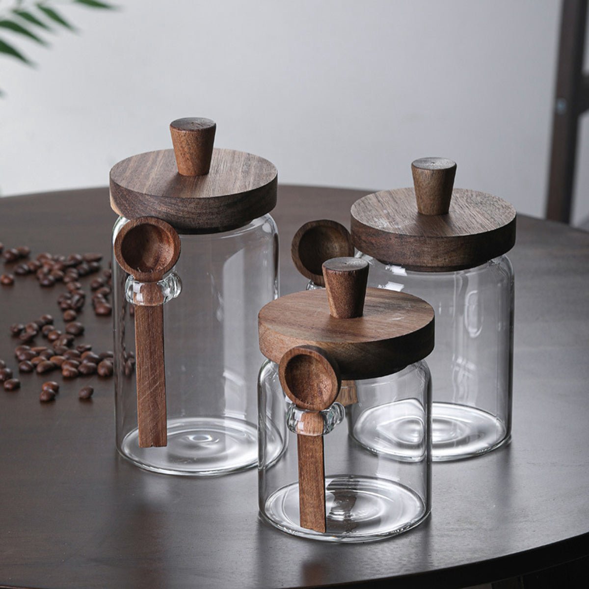 Set of 3 Glass Coffee Canisters with Wooden Lids & Attached Spoons, Clear Airtight Glass Jars in 15oz/18.5oz/25oz Sizes for Coffee Beans, Tea, Sugar, Kitchen Counter Storage & Pantry Organization - EnjoyCool