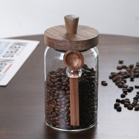 Set of 3 Glass Coffee Canisters with Wooden Lids & Attached Spoons, Clear Airtight Glass Jars in 15oz/18.5oz/25oz Sizes for Coffee Beans, Tea, Sugar, Kitchen Counter Storage & Pantry Organization - EnjoyCool