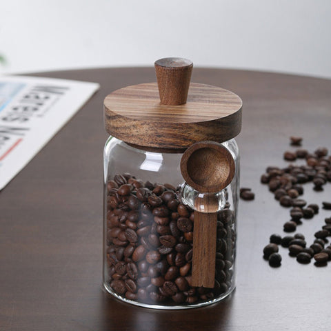 Set of 3 Glass Coffee Canisters with Wooden Lids & Attached Spoons, Clear Airtight Glass Jars in 15oz/18.5oz/25oz Sizes for Coffee Beans, Tea, Sugar, Kitchen Counter Storage & Pantry Organization - EnjoyCool