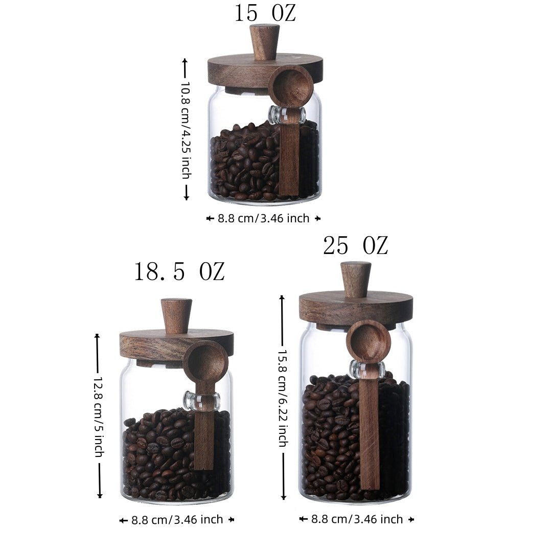 Set of 3 Glass Coffee Canisters with Wooden Lids & Attached Spoons, Clear Airtight Glass Jars in 15oz/18.5oz/25oz Sizes for Coffee Beans, Tea, Sugar, Kitchen Counter Storage & Pantry Organization - EnjoyCool