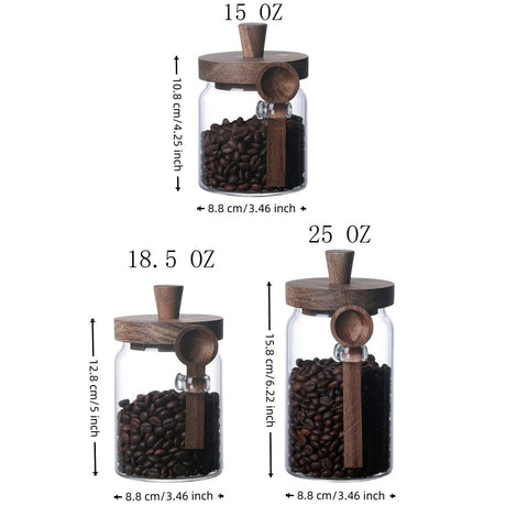Set of 3 Glass Coffee Canisters with Wooden Lids & Attached Spoons, Clear Airtight Glass Jars in 15oz/18.5oz/25oz Sizes for Coffee Beans, Tea, Sugar, Kitchen Counter Storage & Pantry Organization - EnjoyCool