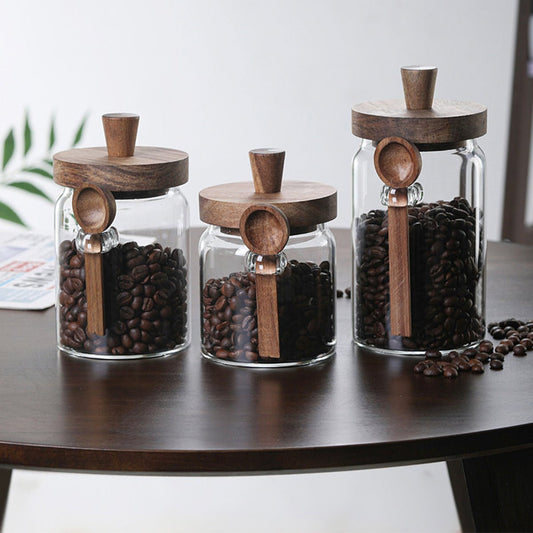 Set of 3 Glass Coffee Canisters with Wooden Lids & Attached Spoons, Clear Airtight Glass Jars in 15oz/18.5oz/25oz Sizes for Coffee Beans, Tea, Sugar, Kitchen Counter Storage & Pantry Organization - EnjoyCool