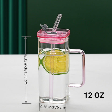 Set of 6 Square Glass Drinking Tumblers, 12 oz Capacity Each with Straw and Handle, Portable Cups for Water, Smoothies, Juices - EnjoyCool