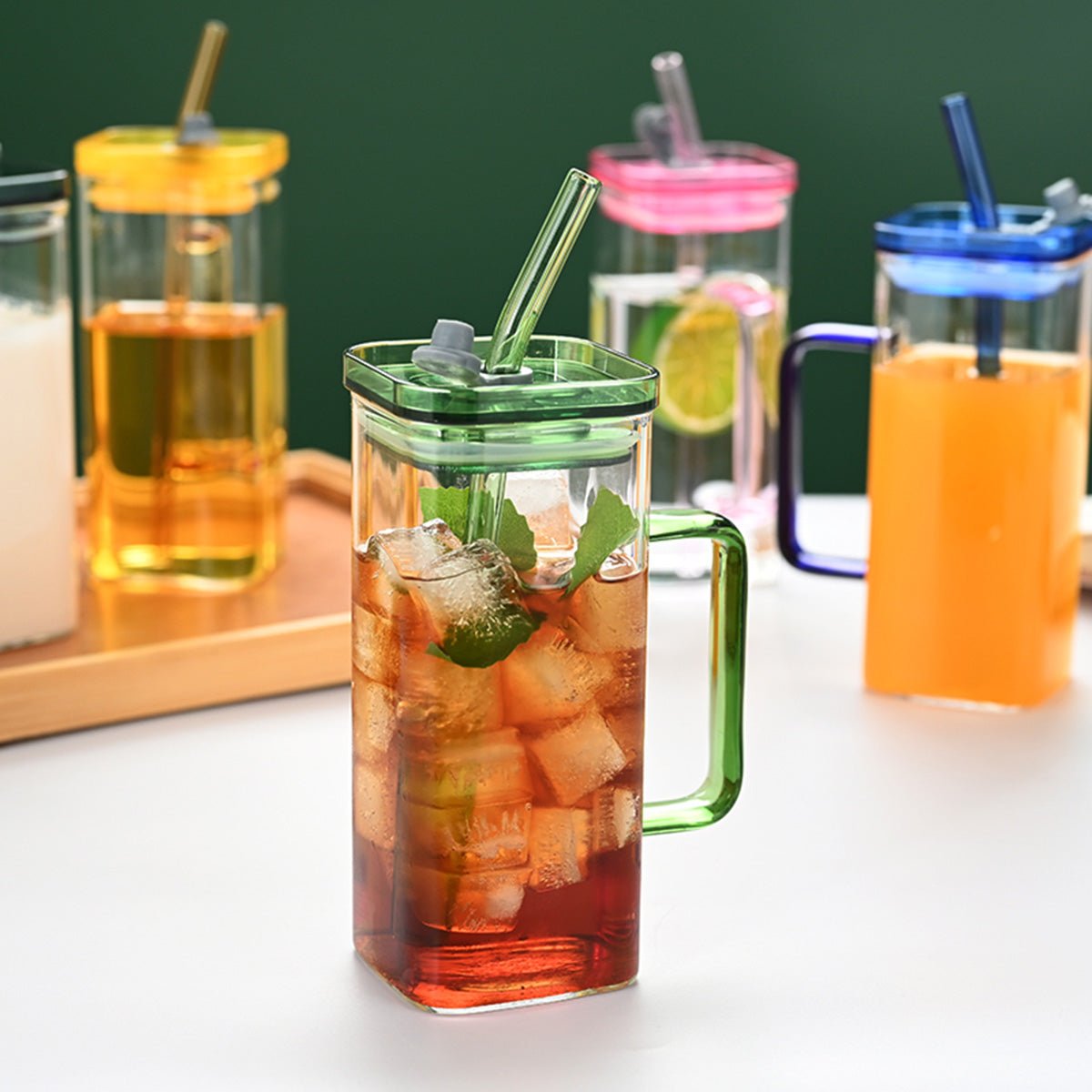 Set of 6 Square Glass Drinking Tumblers, 12 oz Capacity Each with Straw and Handle, Portable Cups for Water, Smoothies, Juices - EnjoyCool