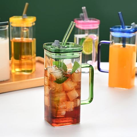Set of 6 Square Glass Drinking Tumblers, 12 oz Capacity Each with Straw and Handle, Portable Cups for Water, Smoothies, Juices - EnjoyCool