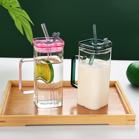 Set of 6 Square Glass Drinking Tumblers, 12 oz Capacity Each with Straw and Handle, Portable Cups for Water, Smoothies, Juices - EnjoyCool