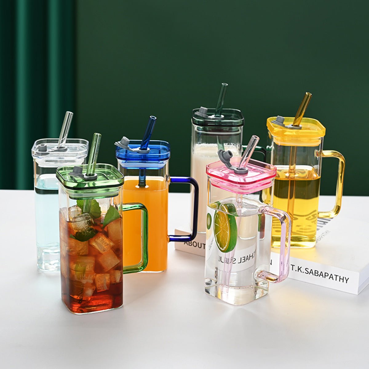 Set of 6 Square Glass Drinking Tumblers, 12 oz Capacity Each with Straw and Handle, Portable Cups for Water, Smoothies, Juices - EnjoyCool