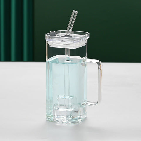 Square Glass Drinking Tumbler, 12 oz Capacity with Straw and Handle, Portable Cup for Water, Smoothies, Juices - EnjoyCool