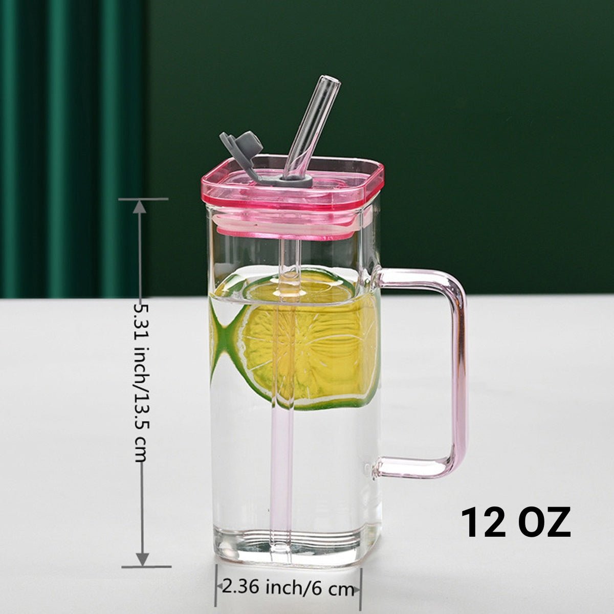 Square Glass Drinking Tumbler, 12 oz Capacity with Straw and Handle, Portable Cup for Water, Smoothies, Juices - EnjoyCool
