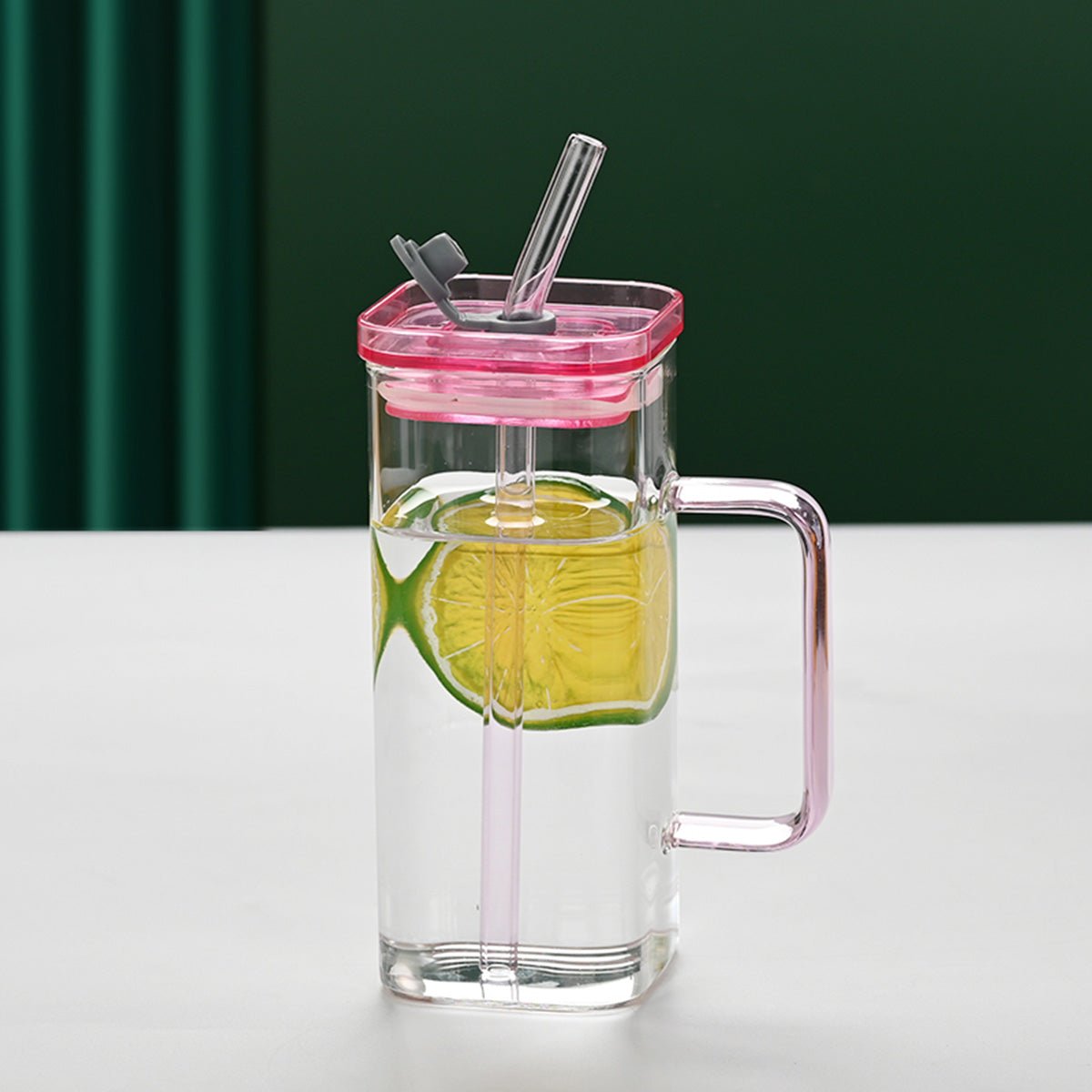 Square Glass Drinking Tumbler, 12 oz Capacity with Straw and Handle, Portable Cup for Water, Smoothies, Juices - EnjoyCool
