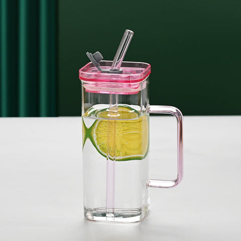 Square Glass Drinking Tumbler, 12 oz Capacity with Straw and Handle, Portable Cup for Water, Smoothies, Juices - EnjoyCool