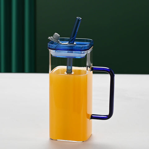 Square Glass Drinking Tumbler, 12 oz Capacity with Straw and Handle, Portable Cup for Water, Smoothies, Juices - EnjoyCool